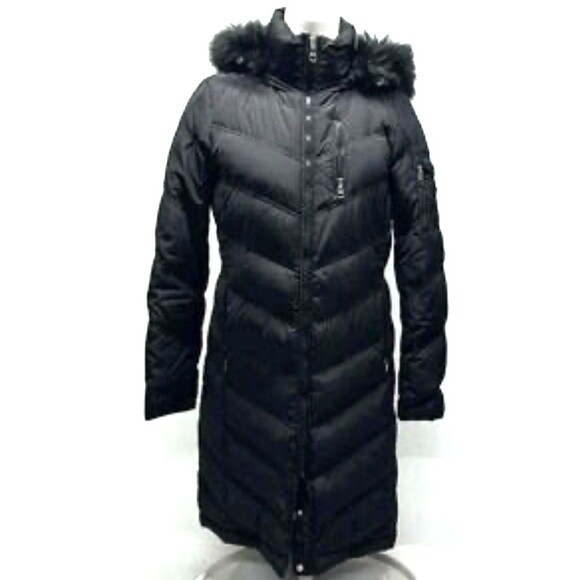Calvin Klein Down Jacket Puffer Coat Black Removable Hood Faux Fur Trim L 1155Rk - Picture 1 of 10